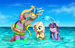 Size: 1361x869 | Tagged: safe, artist:c-puff, character:discord, character:fluttershy, character:twilight sparkle, character:twilight sparkle (alicorn), species:alicorn, species:crab, species:draconequus, species:pegasus, species:pony, beach, bikini, bipedal, clothing, cute, discord being discord, discute, female, floaty, inflatable, inner tube, male, mare, ocean, rubber duck, shyabetes, swimming, swimsuit, trio, twilight is not amused, unamused, water, wet, wet mane