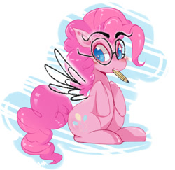 Size: 816x794 | Tagged: safe, artist:hua, character:pinkie pie, species:pegasus, species:pony, female, glasses, mouth hold, pencil, solo, wings