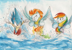 Size: 2312x1628 | Tagged: safe, artist:souleatersaku90, character:lightning dust, character:rainbow dash, character:sonic the hedgehog, commission, crossover, flying, lake, running, sonic the hedgehog (series), the simple life, traditional art, water, watercolor painting
