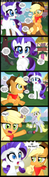 Size: 1000x3550 | Tagged: safe, artist:coltsteelstallion, character:applejack, character:derpy hooves, character:rarity, species:pony, bag, bandana, bipedal, comic, dialogue, eating, engrish, floppy ears, grass, grazing, herbivore, horses doing horse things, lawn mower, sitting, smiling, speech bubble, sudden realization, tongue out, tower of pimps