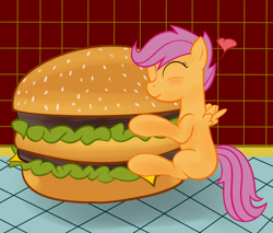 Size: 2350x2000 | Tagged: safe, artist:putinforgod, character:scootaloo, species:pegasus, species:pony, big mac (burger), female, food, heart, hug, mcdonald's, micro, scootaburger, shipping, solo, this will end in weight gain