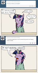 Size: 548x1044 | Tagged: safe, artist:dreamingnoctis, character:twilight sparkle, species:pony, species:unicorn, fanfic:asylum, ask, ask asylum twilight, asylum, clothing, comic, horn cap, mafic suppression, sweat, tumblr
