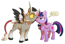 Size: 1188x807 | Tagged: safe, artist:c-puff, character:discord, character:twilight sparkle, character:twilight sparkle (alicorn), species:alicorn, species:pony, chaos, cute, discute, duo, duo male and female, female, grin, male, mare, ponified, pony discord, signature, simple background, smiling, stallion, transparent background, twilight is not amused, unamused