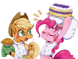 Size: 1195x903 | Tagged: safe, artist:hua, character:applejack, character:pinkie pie, baking, cake, chef, clothing, competition, cooking, food, pie