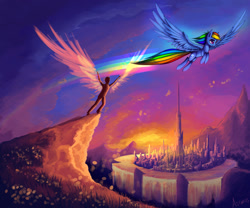 Size: 1280x1067 | Tagged: safe, artist:asimos, character:rainbow dash, species:human, species:pegasus, species:pony, city, female, flying, mare, speed trail, trail