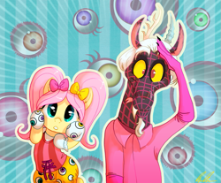 Size: 905x750 | Tagged: safe, artist:c-puff, character:discord, character:fluttershy, species:draconequus, species:pegasus, species:pony, ship:discoshy, :o, bipedal, bow, clothing, cosplay, cute, discute, eye, eyes, female, hair bow, looking at you, male, mare, parody, ponponpon, salute, shipping, shyabetes, smiling, smiling at you, straight