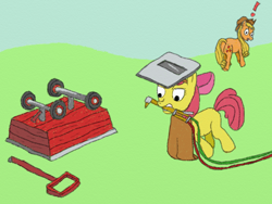 Size: 640x480 | Tagged: safe, artist:halflingpony, character:apple bloom, character:applejack, apron, broken, clothing, exclamation point, wagon, welding, welding mask