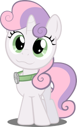 Size: 900x1492 | Tagged: source needed, safe, artist:felix-kot, edit, editor:zparitythemajestic, character:sweetie belle, species:pony, species:unicorn, :3, collar, cute, diasweetes, female, pet collar, pet tag, solo