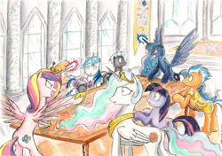 Size: 2312x1627 | Tagged: safe, artist:souleatersaku90, character:flash sentry, character:ms. harshwhinny, character:princess cadance, character:princess celestia, character:princess luna, character:shining armor, character:thunderlane, character:twilight sparkle, angry, canterlot castle, commission, magic, table, the simple life, traditional art, watercolor painting