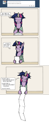 Size: 949x2394 | Tagged: safe, artist:dreamingnoctis, character:shining armor, character:twilight sparkle, ask asylum twilight, asylum, excited, eyes closed, grin, hoof hold, list, looking at you, reading, smiling, tumblr, unshorn fetlocks