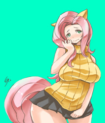 Size: 1280x1496 | Tagged: safe, artist:shinobe, character:fluttershy, species:human, breasts, busty fluttershy, clothing, eared humanization, female, humanized, skirt, sleeveless turtleneck, solo, sweater vest, sweatershy, tailed humanization, wide hips