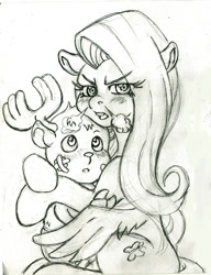 Size: 922x1200 | Tagged: safe, artist:irie-mangastudios, character:fluttershy, choppershy, crossover, crossover shipping, female, hug, interspecies, male, monochrome, one piece, pencil drawing, snorting, straight, the stare, tony tony chopper