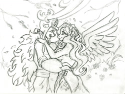 Size: 1200x907 | Tagged: safe, artist:irie-mangastudios, character:fluttershy, species:anthro, choppershy, clothing, crossover, crossover shipping, dancing, dress, female, gala dress, horn point, interspecies, male, monochrome, one piece, pencil drawing, straight, tony tony chopper