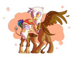 Size: 1333x1025 | Tagged: safe, artist:haute-claire, character:gilda, oc, oc:rainbow feather, parent:gilda, parent:rainbow dash, parents:gildash, species:griffon, species:hippogriff, bipedal, cute, interspecies offspring, magical lesbian spawn, mother and daughter, offspring, one eye closed, open mouth, ponytail, smiling, spread wings, wings, wink