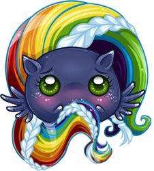 Size: 288x318 | Tagged: safe, artist:tinuleaf, oc, oc only, oc:cloud puff, parent:rainbow dash, parent:soarin', parents:soarindash, species:pegasus, species:pony, chubbie, blushing, braid, female, freckles, mare, multicolored hair, offspring, rainbow hair, simple background, solo, transparent background