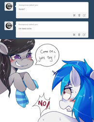 Size: 700x900 | Tagged: safe, artist:hua, character:dj pon-3, character:octavia melody, character:vinyl scratch, angry, ask trolltavia, blushing, clothing, socks, stockings, striped socks, tumblr