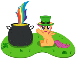 Size: 4500x3504 | Tagged: safe, artist:stabzor, character:rainbow dash, character:scootaloo, species:pegasus, species:pony, clothing, clover, cute, cutealoo, female, filly, hat, mare, pot of gold, saint patrick's day, simple background, tail, transparent background, vector