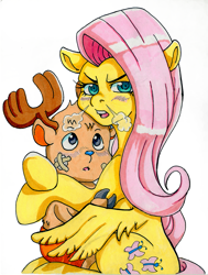 Size: 909x1200 | Tagged: safe, artist:irie-mangastudios, character:fluttershy, choppershy, crossover, crossover shipping, hug, interspecies, markers, one piece, snorting, the stare, tony tony chopper, traditional art