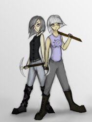 Size: 1080x1440 | Tagged: safe, artist:xenalollie, character:limestone pie, character:marble pie, species:human, bangs, boots, clothing, duo, female, gray background, humanized, pickaxe, shoes, siblings, simple background, sisters, tank top, woman
