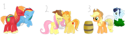 Size: 1566x509 | Tagged: safe, artist:karmadash, character:applejack, character:big mcintosh, character:braeburn, character:fluttershy, character:rainbow dash, character:soarin', species:earth pony, species:pony, ship:braeshy, ship:rainbowmac, ship:soarinjack, barrel, blushing, hiding, kissing, male, shipping, stallion, straight