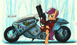 Size: 1280x755 | Tagged: safe, artist:buckweiser, character:scootaloo, species:pegasus, species:pony, akira, clothing, crossover, cutie mark, equestrian innovations, female, gun, jacket, kaneda shotaro, meme, motorcycle, ponified, solo, thanks m.a. larson