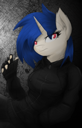 Size: 688x1078 | Tagged: safe, artist:ninjapony, character:dj pon-3, character:vinyl scratch, species:anthro, breasts, busty vinyl scratch, clothing, female, fingerless gloves, gloves, hoodie, jacket, solo