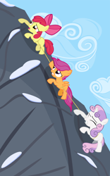 Size: 800x1280 | Tagged: safe, artist:stabzor, character:apple bloom, character:scootaloo, character:sweetie belle, species:pegasus, species:pony, climbing, cutie mark crusaders, mountain, vector