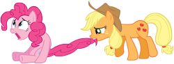 Size: 7500x2770 | Tagged: safe, artist:stabzor, character:applejack, character:pinkie pie, simple background, tail pull, transparent background, vector