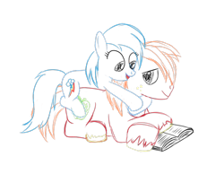 Size: 710x550 | Tagged: safe, artist:karmadash, character:big mcintosh, character:rainbow dash, species:earth pony, species:pony, ship:rainbowmac, book, lineart, male, reading, shipping, smiling, stallion, straight