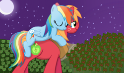 Size: 800x470 | Tagged: safe, artist:karmadash, character:big mcintosh, character:rainbow dash, species:earth pony, species:pony, ship:rainbowmac, carrying, cute, eyes closed, male, moon, night, ponies riding ponies, shipping, sleeping, smiling, stallion, straight, tree