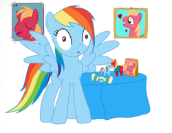 Size: 597x462 | Tagged: safe, artist:karmadash, character:big mcintosh, character:rainbow dash, species:earth pony, species:pony, ship:rainbowmac, bow, bow tie, caught, crush, doll, heart, male, not creepy, obsession, pointy ponies, poster, shipping, shocked, shrine, simple background, spread wings, stalker, stallion, straight, table, wingboner, wings