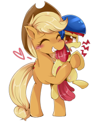 Size: 1200x1530 | Tagged: safe, artist:hua, character:apple bloom, character:applejack, episode:somepony to watch over me, g4, my little pony: friendship is magic, apple bloom is not amused, blushing, embarrassed, helmet, simple background, transparent background