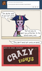 Size: 767x1290 | Tagged: safe, artist:dreamingnoctis, character:twilight sparkle, ask asylum twilight, asylum, candy, chocolate, chocolate bar, female, solo, tumblr, willy wonka and the chocolate factory, wonka