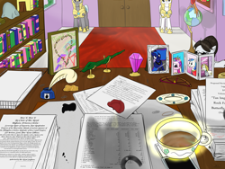 Size: 7200x5400 | Tagged: safe, artist:halflingpony, character:philomena, character:princess celestia, character:princess luna, character:raven inkwell, character:shining armor, absurd resolution, bill, budget, crepuscular rays, desk, doodle, hoofstamp, ink, levitation, macaroni art, magic, paperclip, paperwork, pdc, photo, pov, quill, royal guard, shadow, table, tea, teacup, updated, working