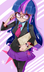 Size: 900x1482 | Tagged: safe, artist:hua, character:twilight sparkle, species:human, adorkable, clothing, colored pupils, cute, dork, female, glasses, horned humanization, humanized, miniskirt, necktie, school uniform, schoolgirl, skirt, solo, watch