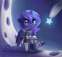 Size: 1533x1421 | Tagged: safe, artist:suplolnope, character:princess luna, astronaut, c:, cosmonaut, crescent moon, cute, female, filly, fluffy, moon, russia, russian flag, s1 luna, shooting star, sitting, smiling, solo, space, space suit, stars, tangible heavenly object, underhoof, woona, younger