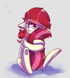 Size: 1348x1507 | Tagged: safe, artist:suplolnope, character:roseluck, species:earth pony, species:pony, blushing, cheek fluff, covering, cute, cuteluck, dawwww, diabetes, featured on derpibooru, female, floppy ears, fluffy, gray background, hair over one eye, hug, leg fluff, looking at something, looking up, mare, messy mane, shadow, shy, signature, simple background, sitting, solo, sweet dreams fuel, tail fluff, tail hug, underhoof, weapons-grade cute