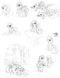 Size: 800x1035 | Tagged: safe, artist:tinuleaf, character:rainbow dash, character:soarin', character:spitfire, ship:soarindash, female, filly, male, monochrome, shipping, sketch dump, straight