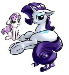 Size: 776x845 | Tagged: safe, artist:nadnerbd, character:rarity, character:sweetie belle, species:pony, species:unicorn, bedroom eyes, female, filly, floppy ears, frown, looking at you, looking back, mare, on side, simple background, sisters, sitting, smiling, strategically covered, tail censor, transparent background, underhoof