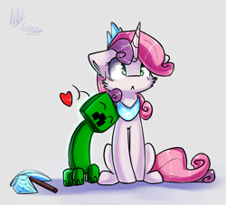 Size: 1791x1623 | Tagged: safe, artist:suplolnope, character:sweetie belle, species:pony, species:unicorn, :<, creeper, crossover, crossover shipping, floating heart, heart, interspecies, minecraft, simple background, snuggling, this will end in tears and/or death