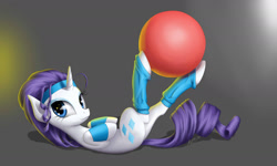 Size: 1852x1111 | Tagged: safe, artist:zigword, character:rarity, species:pony, species:unicorn, alternate hairstyle, armband, ball, exercise, female, gym ball, headband, hoof hold, leg warmers, legs in air, mare, on back, smiling, solo, yoga