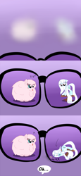 Size: 1259x2745 | Tagged: safe, artist:celerypony, oc, oc only, oc:celery, oc:fluffle puff, blep, can't see shit, clarity, clumsy, cute, eyes closed, faceplant, falling, floppy ears, glasses, table, tongue out