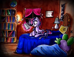 Size: 2192x1693 | Tagged: safe, artist:frostykat13, character:spike, character:twilight sparkle, character:twilight sparkle (alicorn), species:alicorn, species:pony, bed, book, candle, female, magic, mare, sleeping, traditional art