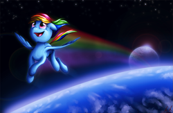 Size: 1241x810 | Tagged: safe, artist:c-puff, character:rainbow dash, species:pegasus, species:pony, female, flying, mare, moon, planet, rainbow trail, smiling, solo, space