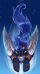 Size: 335x623 | Tagged: safe, artist:limreiart, character:nightshade, species:pegasus, species:pony, g4, clothing, costume, female, flying, mare, photoshop, shadowbolts, shadowbolts costume, sky, solo, spread wings, wings