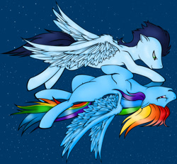 Size: 931x859 | Tagged: safe, artist:kateheartfilia, artist:tinuleaf, character:rainbow dash, character:soarin', ship:soarindash, blank flank, collaboration, eyes closed, female, flying, male, night, shipping, smiling, straight, upside down