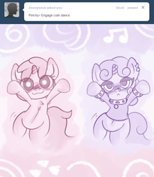 Size: 664x765 | Tagged: safe, artist:askrubypinch, artist:haute-claire, character:ruby pinch, character:sweetie belle, meanie belle, ask, ask ruby pinch, caramelldansen, cute