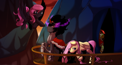 Size: 4107x2207 | Tagged: safe, artist:mylittlesheepy, character:fluttershy, character:king sombra, oc, oc:dark angel, oc:forest, chained, curved horn, dark magic, leash, magic, slave, sombra empire, sombra eyes