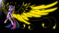 Size: 1575x900 | Tagged: safe, artist:zigword, character:twilight sparkle, artificial wings, augmented, female, hardcore, magic, magic wings, simple background, smiling, solo, spread wings, wings