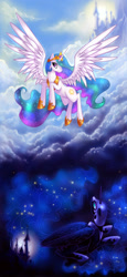 Size: 1288x2808 | Tagged: safe, artist:limreiart, character:nightmare moon, character:princess celestia, character:princess luna, species:alicorn, species:pony, g4, canterlot, cloud, cloudy, contrast, day, duo, female, flying, hoof shoes, mare, night, outdoors, photoshop, royal sisters, spread wings, stars, wings